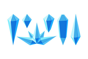 Ice crystals in form of prisms and crown. Set of minerals or frozen pieces of ice for game design. Vector illustration in cartoon style