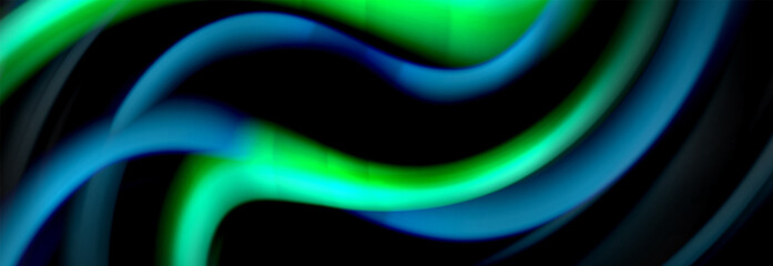 Dynamic motion abstract background. Color blurred stripes on black. Wave liquid lines poster. Vector illustration