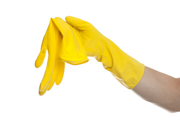 Yellow rubber gloves for cleaning on white background, workhouse concept.