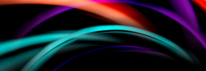 Dynamic motion abstract background. Color blurred stripes on black. Wave liquid lines poster. Vector illustration