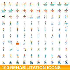 100 rehabilitation icons set. Cartoon illustration of 100 rehabilitation icons vector set isolated on white background