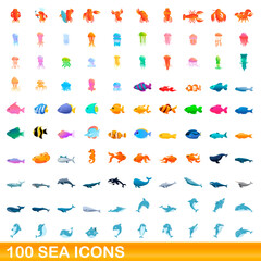 100 sea icons set. Cartoon illustration of 100 sea icons vector set isolated on white background