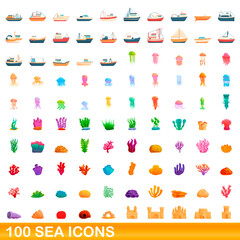 100 sea icons set. Cartoon illustration of 100 sea icons vector set isolated on white background