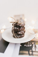 Christmas chocolate chip cookie with lights on white background