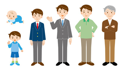 同一人物の男性の年齢別の全身イラストセット/白背景