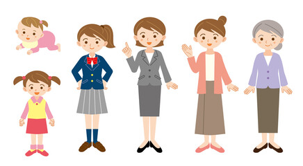 同一人物の女性の年齢別の全身イラストセット/白背景