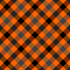 Diagonal tartan Halloween plaid. Scottish pattern in orange, gray and black cage. Scottish cage. Traditional Scottish checkered background. Seamless fabric texture. Vector illustration