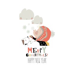 Cute cartoon girl catches snowflakes with tongue