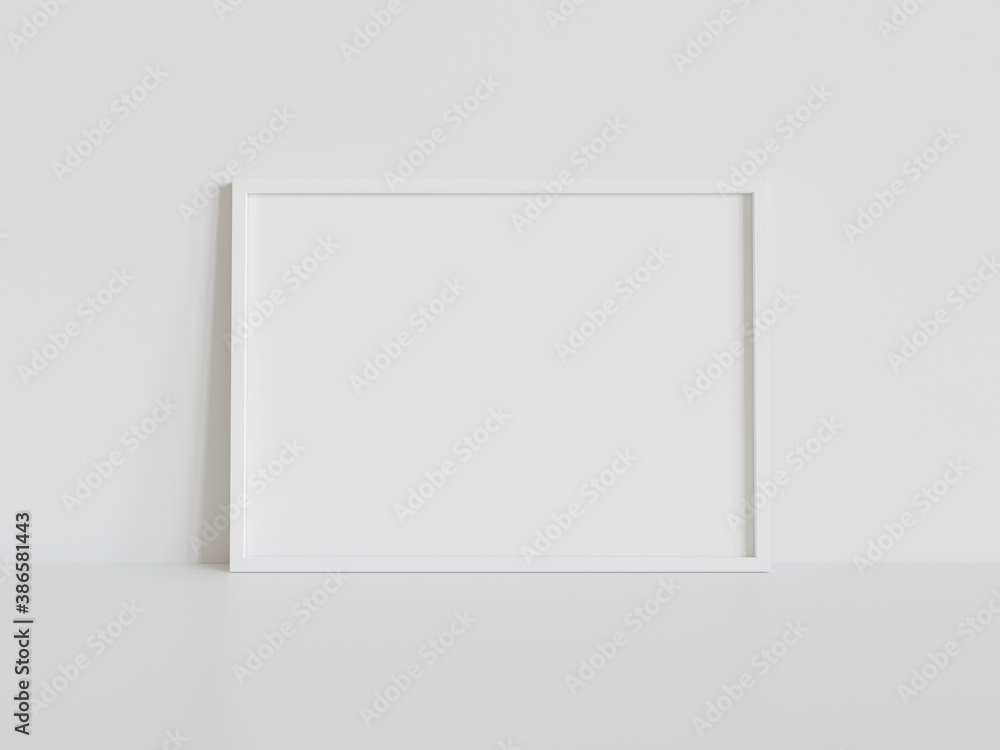 Poster white frame leaning on white floor in interior mockup. template of a picture framed on a wall 3d ren