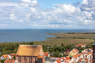 Aerial view of Frombork and Vistula Lagoon, Poland. View from the Radziejowski Tower on Cathedral...