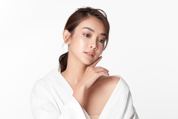 Obraz premium Beautiful young asian woman with clean fresh skin on white background, Face care, Facial treatment, Cosmetology, beauty and spa, Asian women portrait