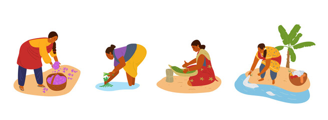 Fototapeta premium Vector Set Of Indian Women Working. Collecting Saffron, Working In Rice Field, Sorting Herbs, Doing Hand Laundry. Manual Labour.