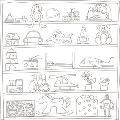 Fototapeta na wymiar Toys on shelves. Doodle vector picture.