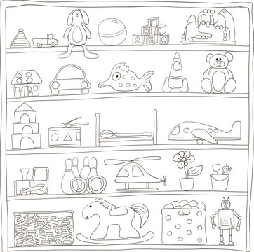 Toys on shelves. Doodle vector picture.