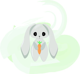 Cute gray rabbit with a carrot on a green watercolor background. Vector illustration
