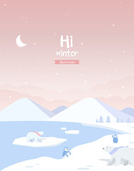 Christmas Background Illustration : Polar Bears, Penguins and Ice Villages