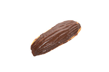 Classic eclair cake with chocolate icing custard filling isolated on white