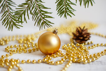 Christmas background, Golden Christmas tree toys and beads