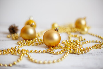 Christmas background, Golden Christmas tree toys and beads