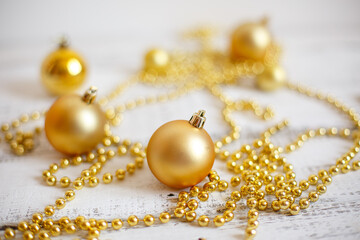 Christmas background, Golden Christmas tree toys and beads