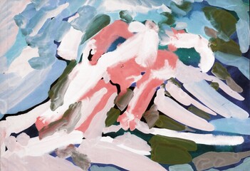 Bright multi-colored painting, contemporary art. Gouache acrylic tempera paint, abstract texture hand drawn gradient background for your design. blue gray red purple green black white