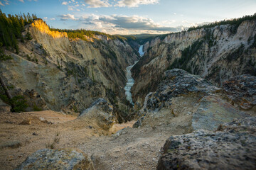 lower falls of the yellowstone national park from artist point at sunset, wyoming, usa