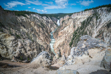 lower falls of the yellowstone national park from artist point, wyoming, usa
