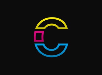 C letter logo, vector desing font .Dynamic cmyk split blue, pink, yellow color on black background. For social media,design elements, creative poster, web template etc.