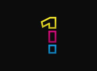 1 number logo, vector desing font .Dynamic cmyk split blue, pink, yellow color on black background.  
