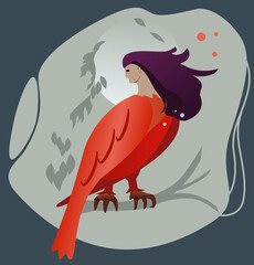 mythical, fairy bird with woman head and red  feathers on gray night background - illustration for a book, halloween design, decoration