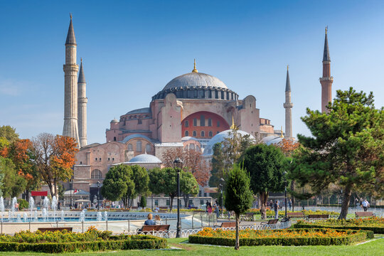 Panoramic view of Hagia Sophia in sunny autumn day from fountain in Sultanahmet Park in Istanbul, Turkey