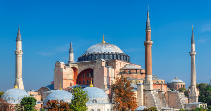 Panoramic view of Hagia Sophia in Istanbul. The world famous monument of Byzantine architecture Hagia Sophia at sunny autumn day, Istanbul, Turkey.