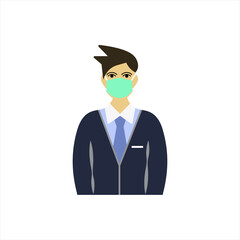 Businessman with medical mask. Businessman in a flat style. Vector illustration.