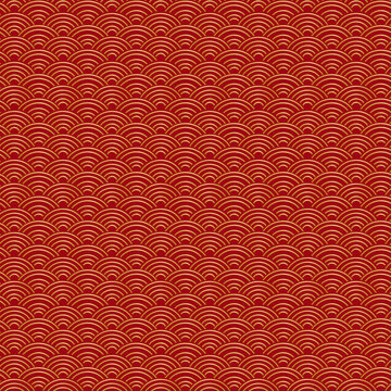 Oriental style golden wave seamless pattern on red background