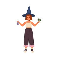 Female kid wizard holding beaker and herbs for preparing magic potion vector flat illustration. Cute girl in witch hat practicing wizardry isolated. Child demonstrate magical ingredients for witchery