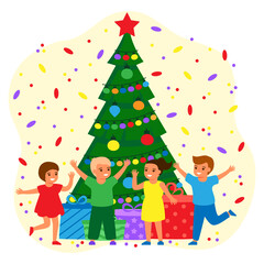 Obraz na płótnie Canvas Happy children and green fir tree at home with balls and lightbulbs. Boys and girls are waiting for holiday with gifts. Christmas and New Years holiday. Vector