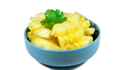 pineapple sliced serve on the blue bowl, closeup photoshoot & isolated on the white background.