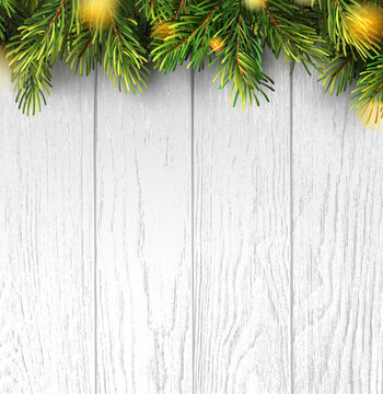 Christmas branches on white wooden board for banner design. Holiday banner with christmas lights for happy new year. Merry christmas. Holiday vector background.