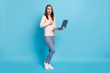 Full length body size view of her she nice attractive cheerful cheery glad amazed girl holding in...