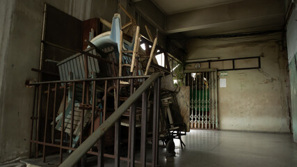 bangkok thailand 10/9/20 , Old building in chinatown area, Creepy & vintage abandoned emotional, focus on trash pile.