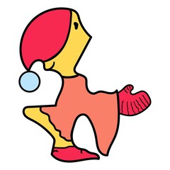 Yellow duck in a red hat with pompon, pink jacket and red shoes and mittens. The bird is isolated on a white background