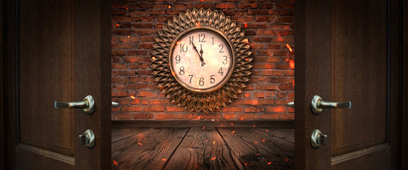 A dark room with brick walls, a clock on the wall. Time shows 12 o'clock, New Year and Christmas 2021. Interior with clock. Night Lights.