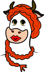 humanized portrait of a cow with a brown long braid over its head, drawn in vector, on a white background in isolation 