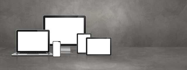 computer, laptop, mobile phone and digital tablet pc. Concrete banner