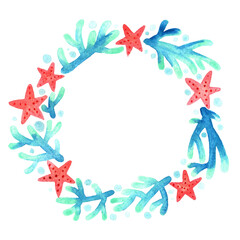 Red starfish and blue coral wreath watercolor hand paint for decoration on summer season and marine life theme concept.