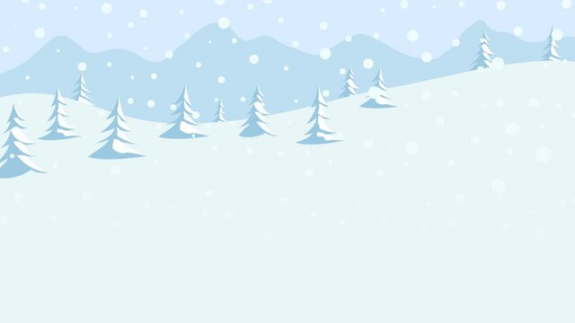 Snowfall in the mountains. Falling snowflakes on the forest. Animation of a winter background with copy space. Looping 4k footage