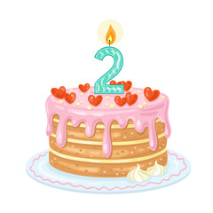 Big beautiful cake with a birthday candle for 2 years. Decorated with red hearts and pink cream. In cartoon style. Isolated on white background. Vector flat illustration.