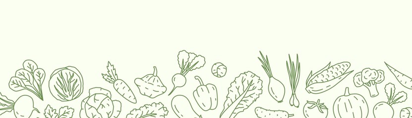 Horizontal background with with various vegetables and a place for text. Vegan backdrop with organic natural products. Line art vector monochrome illustration - obrazy, fototapety, plakaty