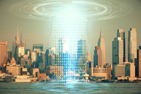 Data theme hologram drawing on city view with skyscrapers background double exposure. Technology concept. © peshkova