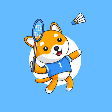 recommend clip art: Shiba dog jump smash play badminton animal sport character mascot vector outline illustration. Orange dog wearing uniform and use racket and shuttlecock cartoon design